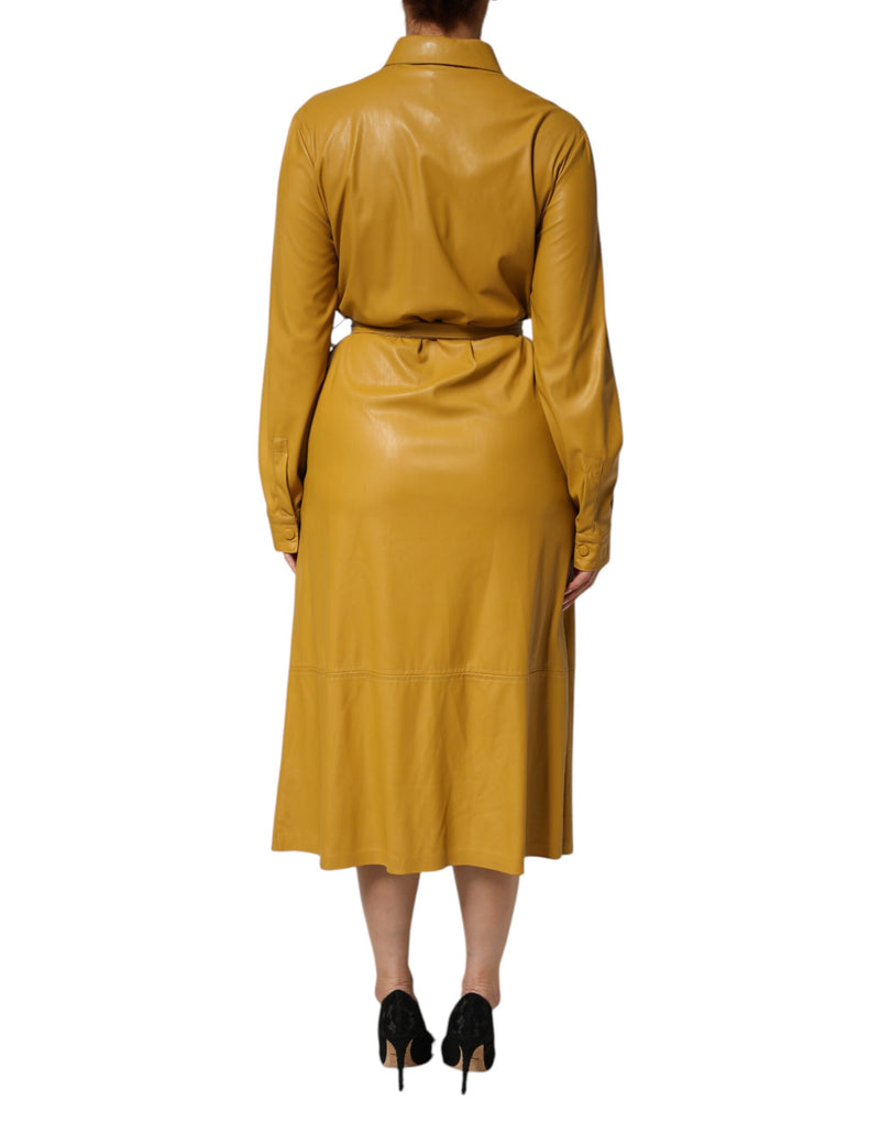PINKO Polyester Belted Shirt Midi Long Sleeve Dress - Mustard Yellow