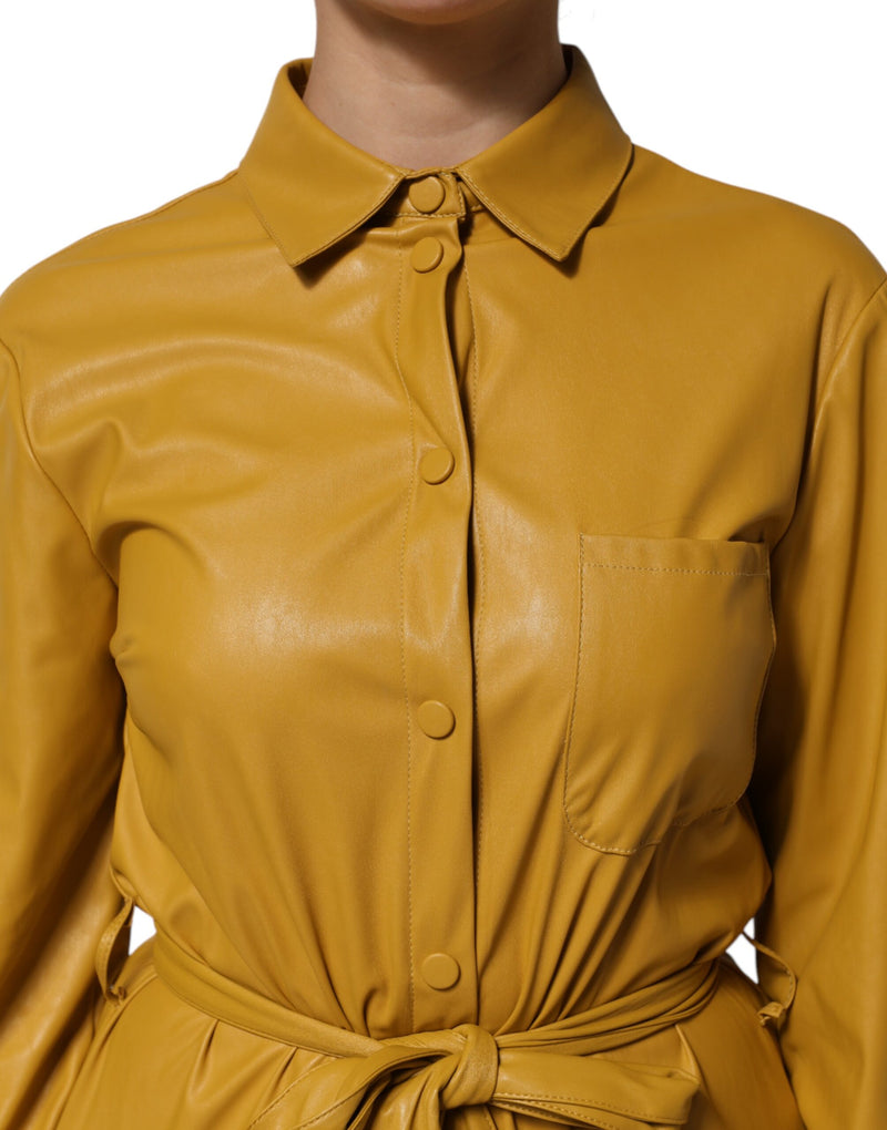 PINKO Polyester Belted Shirt Midi Long Sleeve Dress - Mustard Yellow