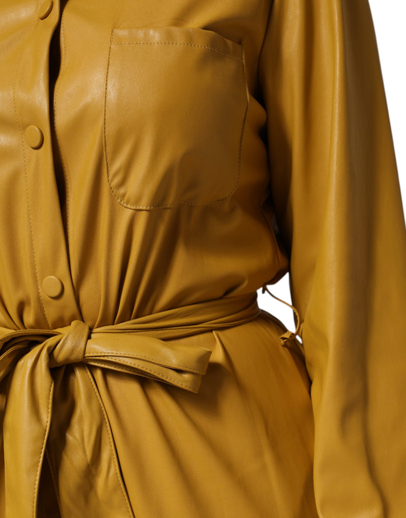 PINKO Polyester Belted Shirt Midi Long Sleeve Dress - Mustard Yellow