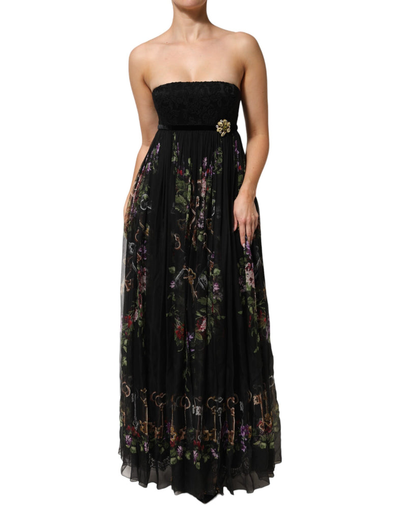 Dolce & Gabbana Robe Noire à Imprimé Floral et Strass