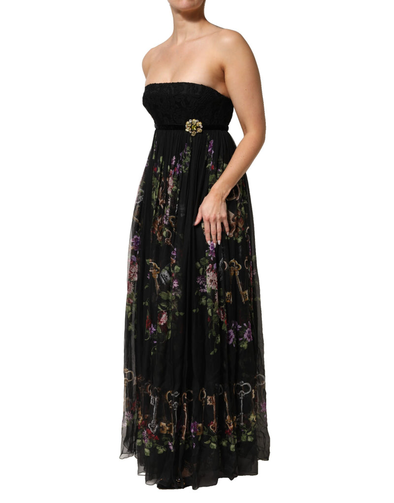 Dolce & Gabbana Robe Noire à Imprimé Floral et Strass