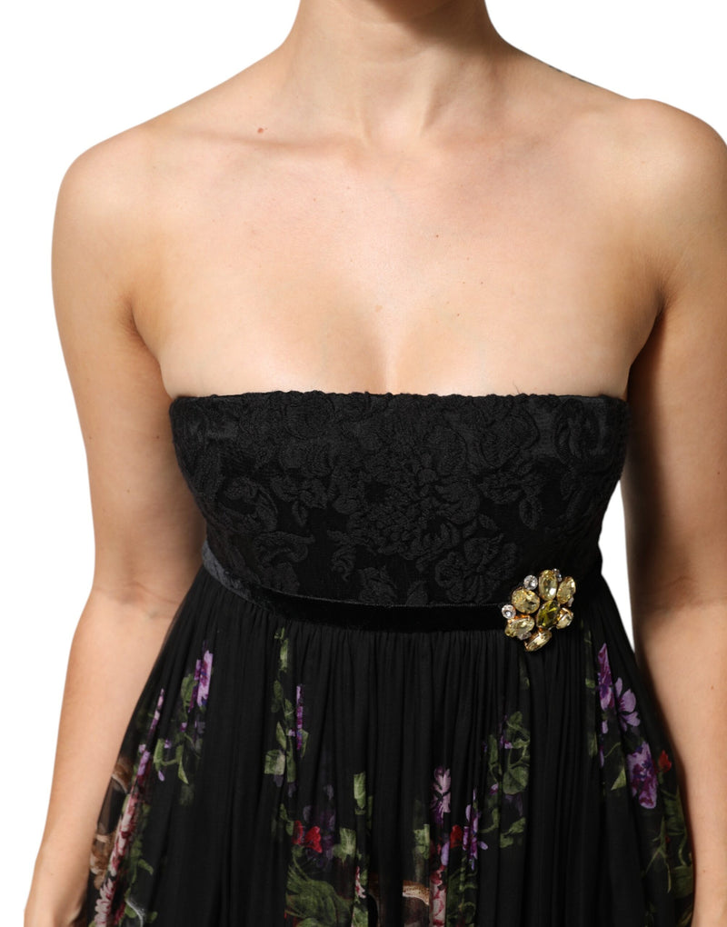 Dolce & Gabbana Robe Noire à Imprimé Floral et Strass