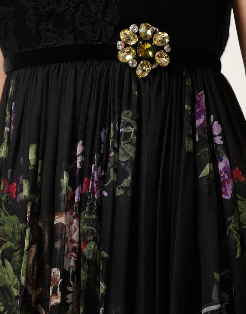 Dolce & Gabbana Robe Noire à Imprimé Floral et Strass