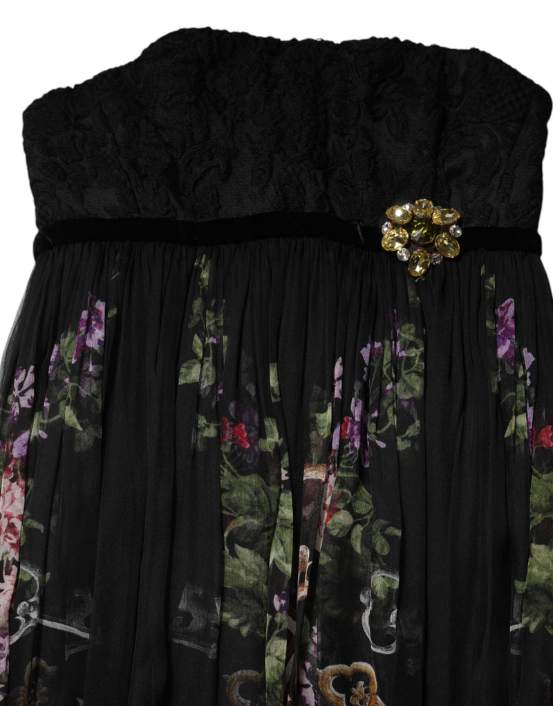 Dolce & Gabbana Robe Noire à Imprimé Floral et Strass