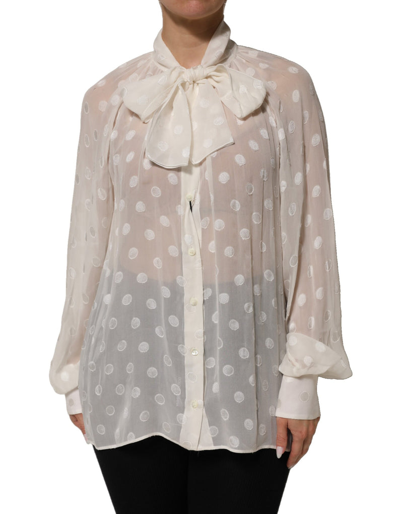 Dolce & Gabbana White Polka Sheer Silk Bow Tie Shirt Blouse