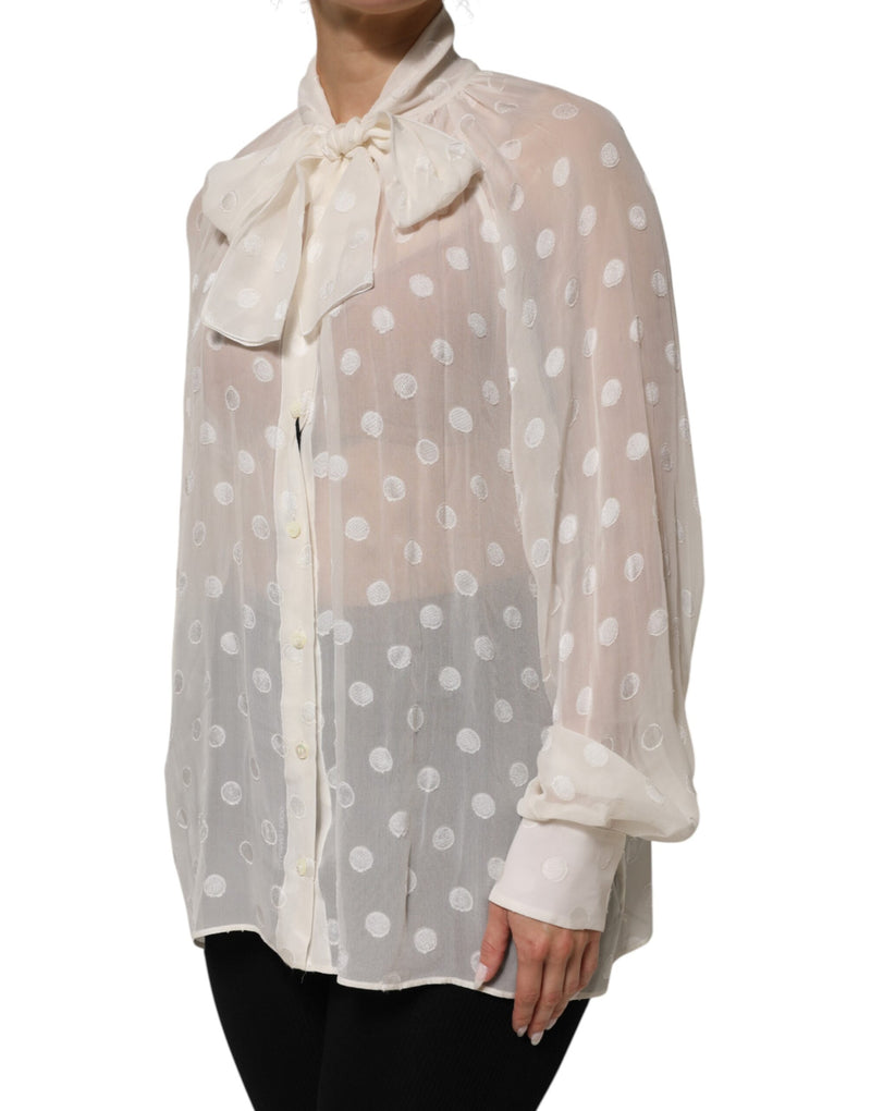 Dolce & Gabbana White Polka Sheer Silk Bow Tie Shirt Blouse