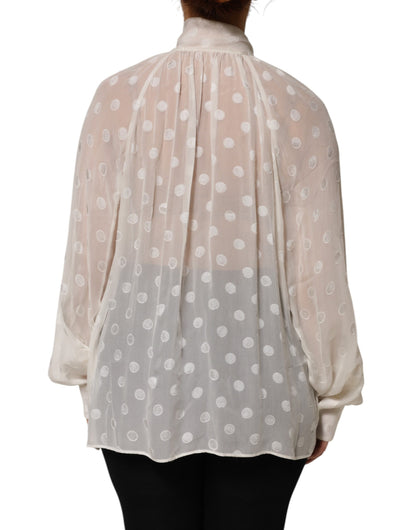 Dolce & Gabbana White Polka Sheer Silk Bow Tie Shirt Blouse Top