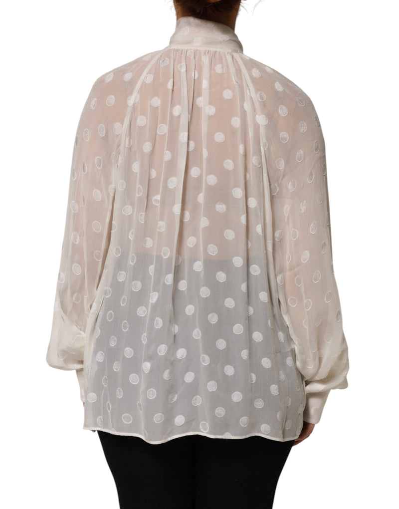 Dolce & Gabbana White Polka Sheer Silk Bow Tie Shirt Blouse
