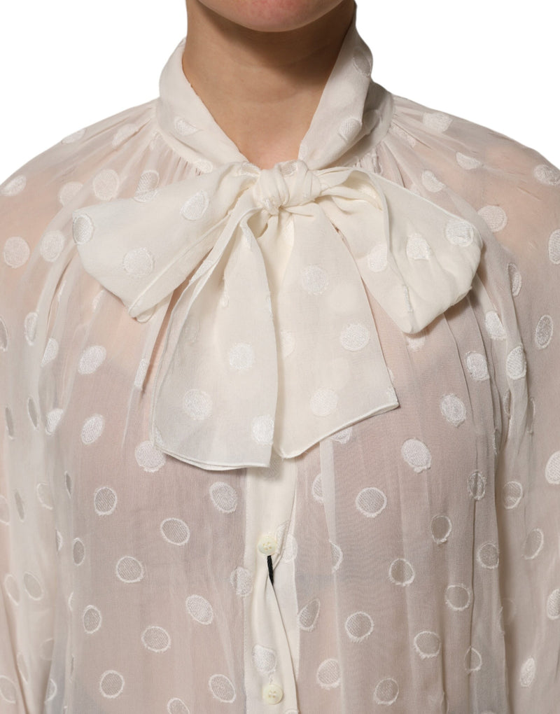 Dolce & Gabbana White Polka Sheer Silk Bow Tie Shirt Blouse