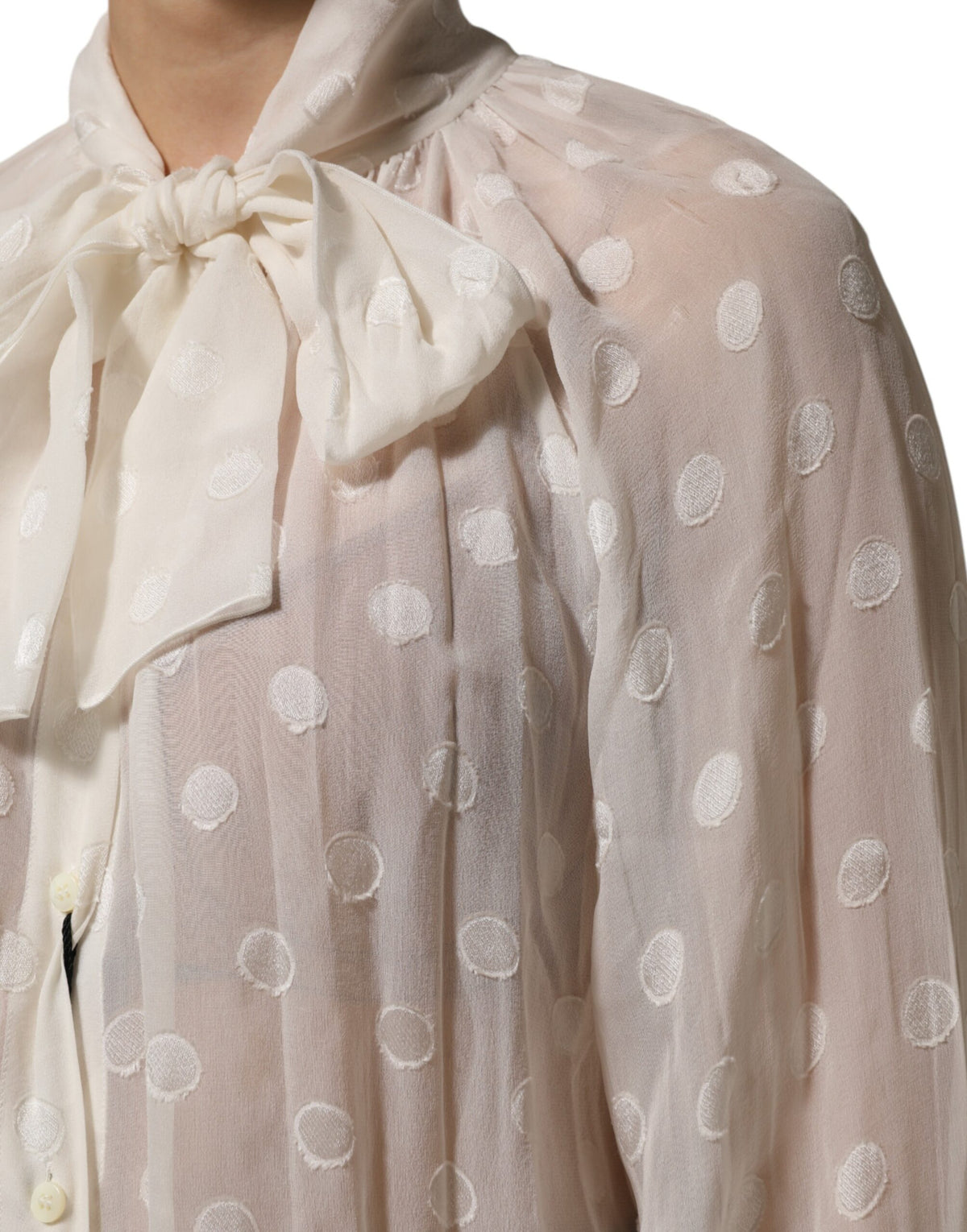 Dolce & Gabbana White Polka Sheer Silk Bow Tie Shirt Blouse