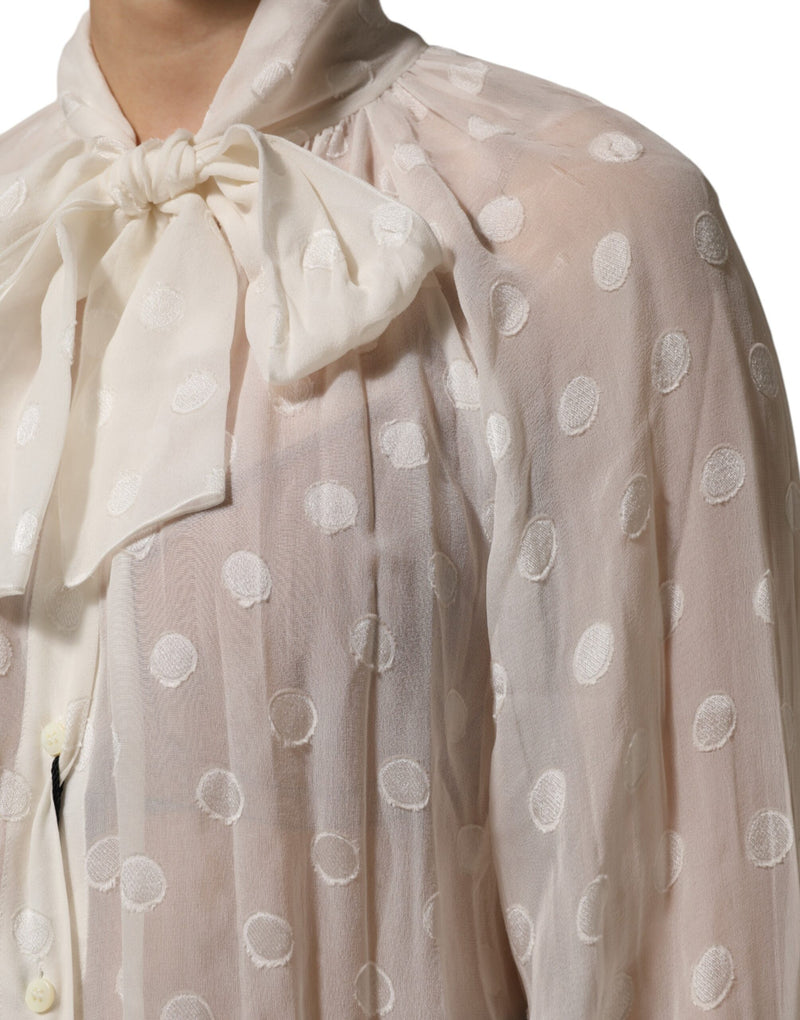 Dolce & Gabbana White Polka Sheer Silk Bow Tie Shirt Blouse