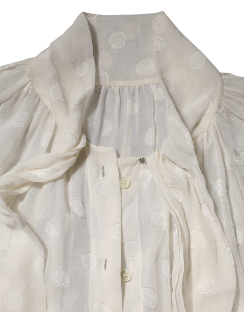 Dolce & Gabbana White Polka Sheer Silk Bow Tie Shirt Blouse