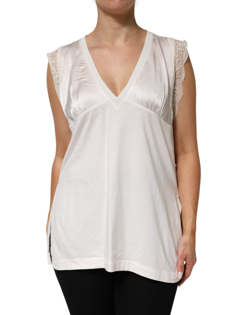 PINKO White Silk Blend Lace Trim Sleeveless V-Neck Top