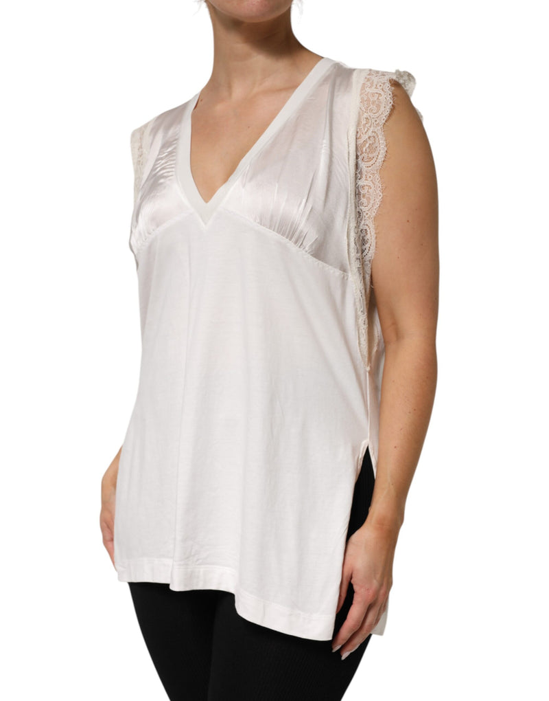 PINKO White Silk Blend Lace Trim Sleeveless V-Neck Top