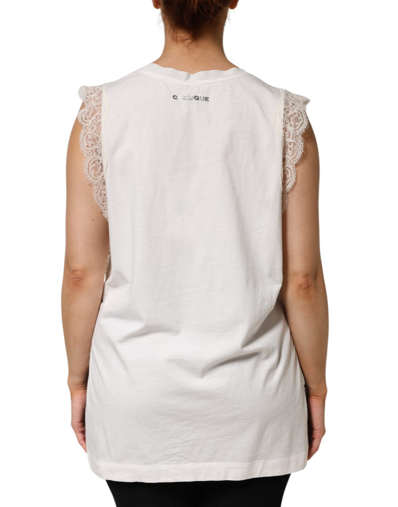 PINKO White Silk Blend Lace Trim Sleeveless V-Neck Top