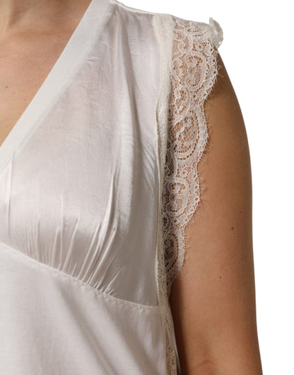 PINKO White Silk Blend Lace Trim Sleeveless V-Neck Women’s Top