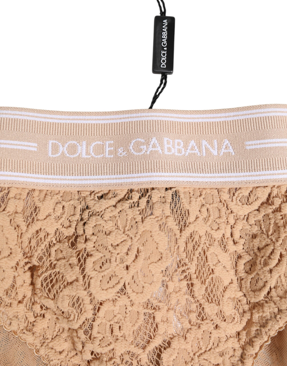 Dolce & Gabbana Beige Lace Brasiliano Briefs with Logo Waistband