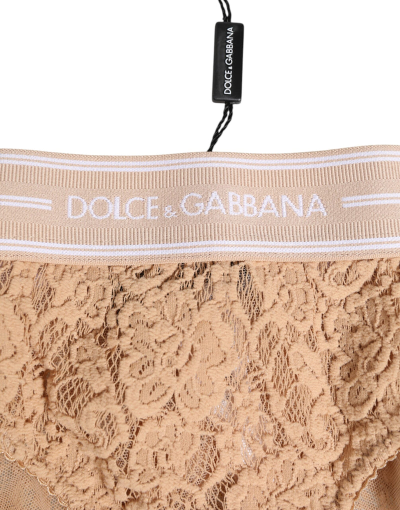 Dolce & Gabbana Beige Lace Brasiliano Briefs with Logo Waistband