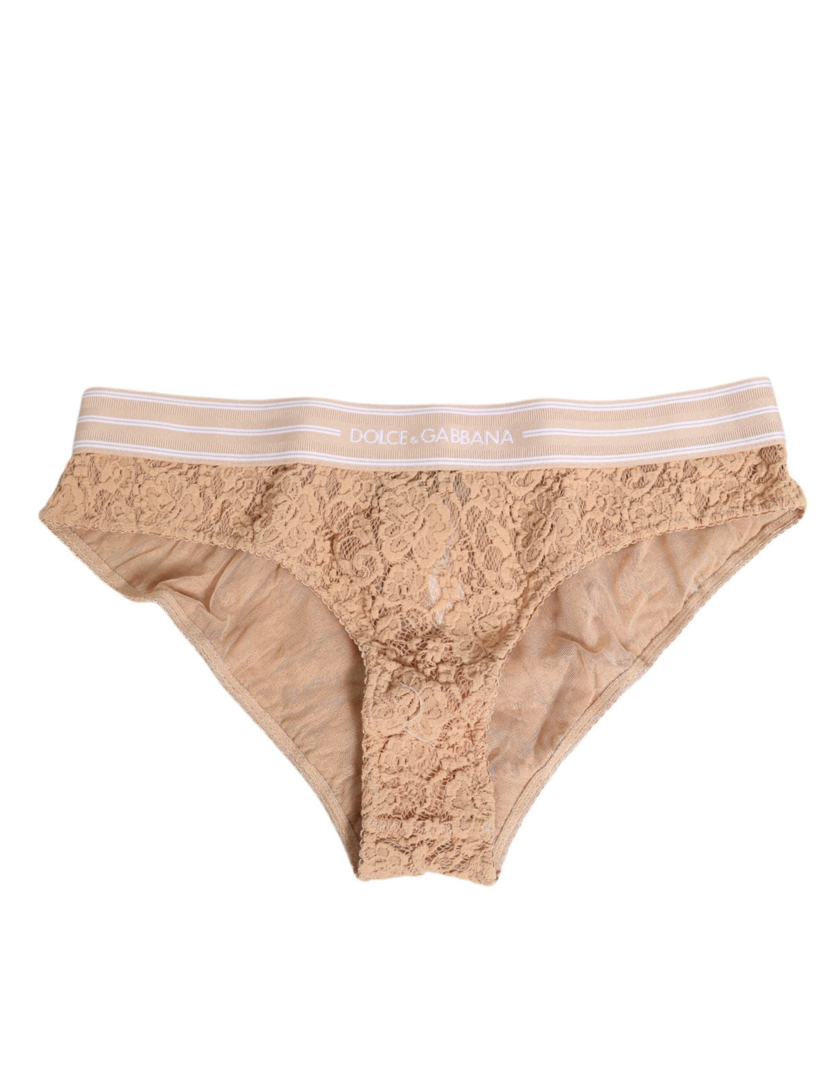 Dolce & Gabbana Beige Lace Brasiliano Briefs with Logo Waistband