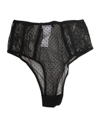 Dolce & Gabbana Black Lace Polka Dot Mesh High Waist Underwear