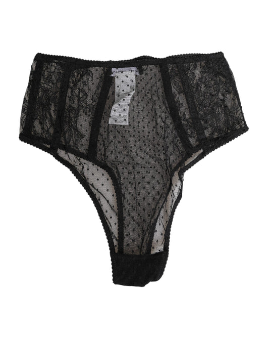 Dolce & Gabbana Black Lace Polka Dot Mesh High Waist Underwear
