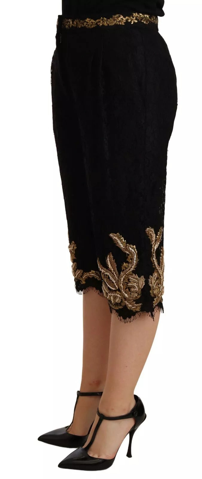 Shorts Dolce & Gabbana Noir Dentelle Baroque en Or - Pièce Spéciale