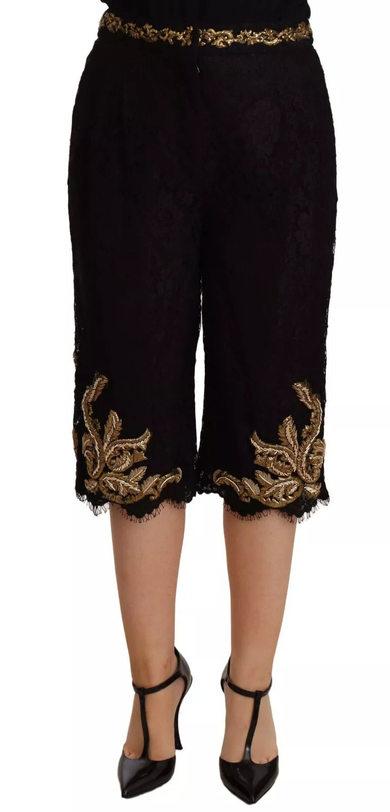 Shorts Dolce & Gabbana Noir Dentelle Baroque en Or - Pièce Spéciale