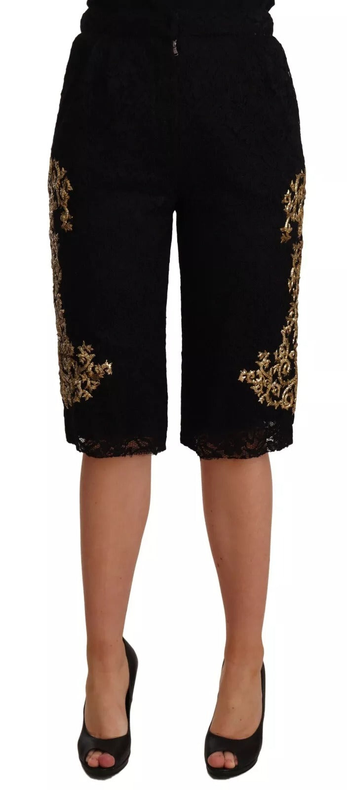 Dolce & Gabbana Black Lace Gold Baroque Shorts
