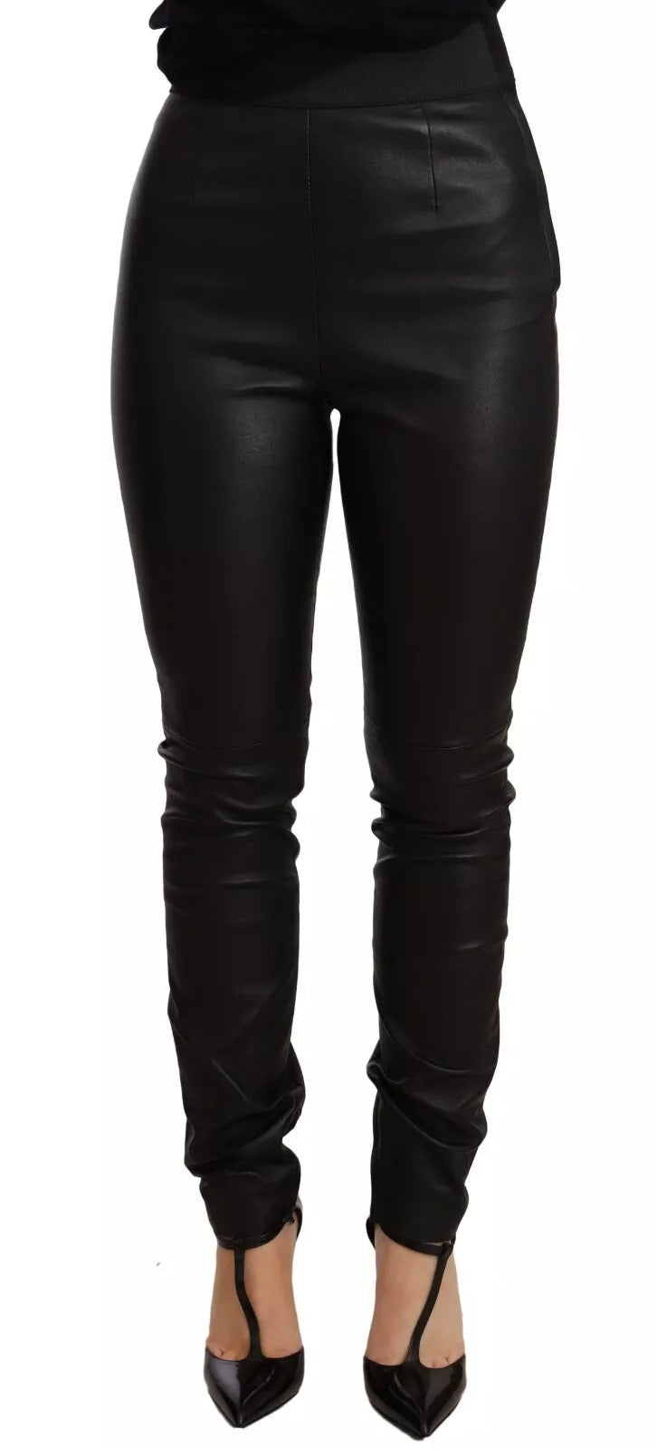 Dolce & Gabbana Pantalons en Cuir Noir à Taille Élastique