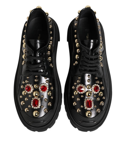 Dolce & Gabbana Black Leather Jeweled Crystals Derby Shoes