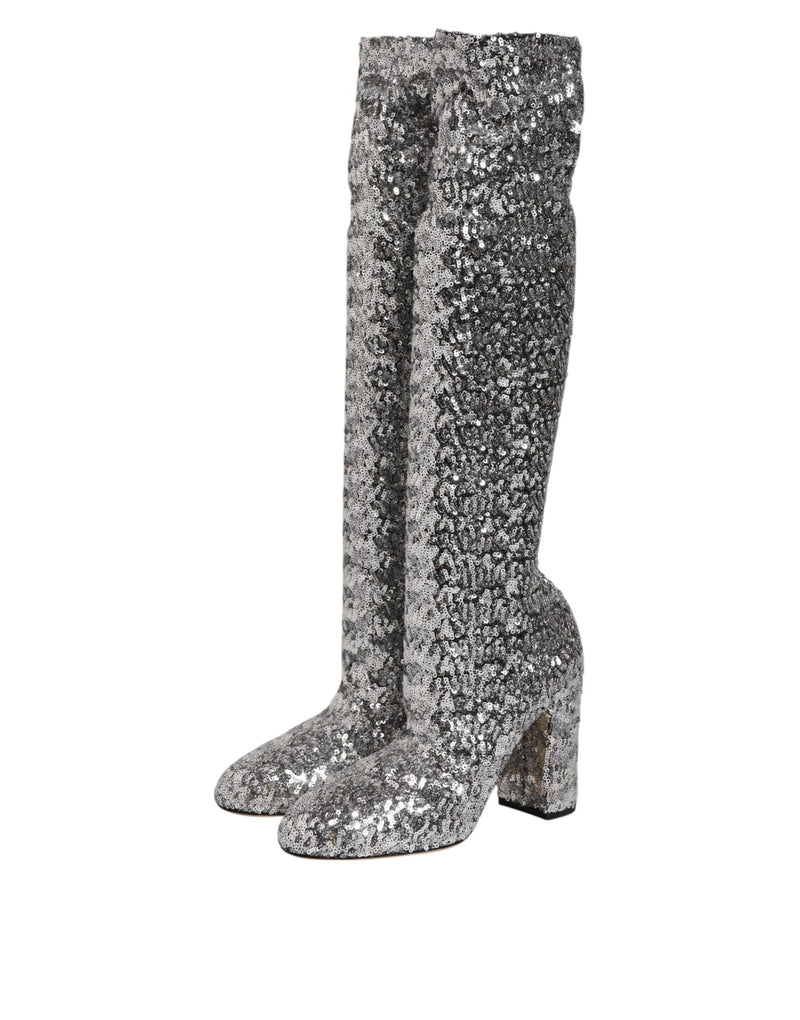 Dolce & Gabbana Bottes Hautes à Talons en Sequins Argentés