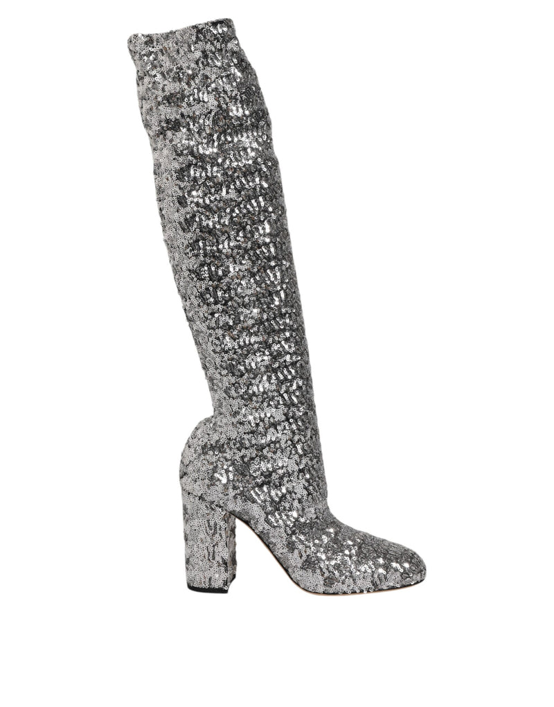 Dolce & Gabbana Bottes Hautes à Talons en Sequins Argentés