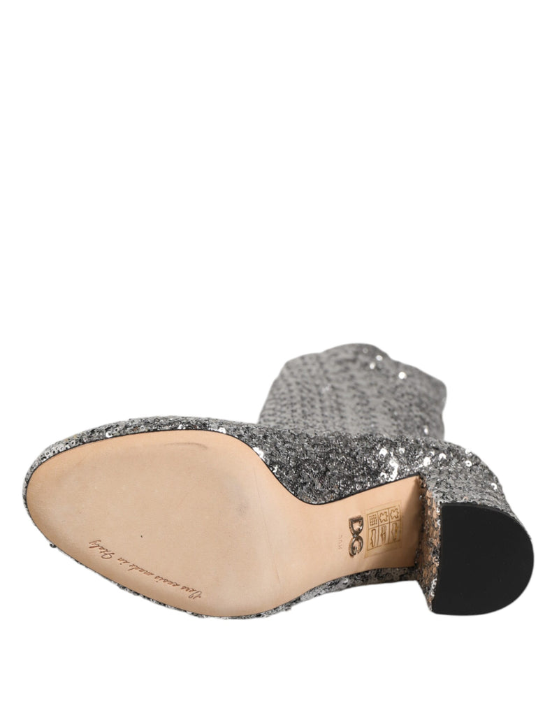 Dolce & Gabbana Bottes Hautes à Talons en Sequins Argentés