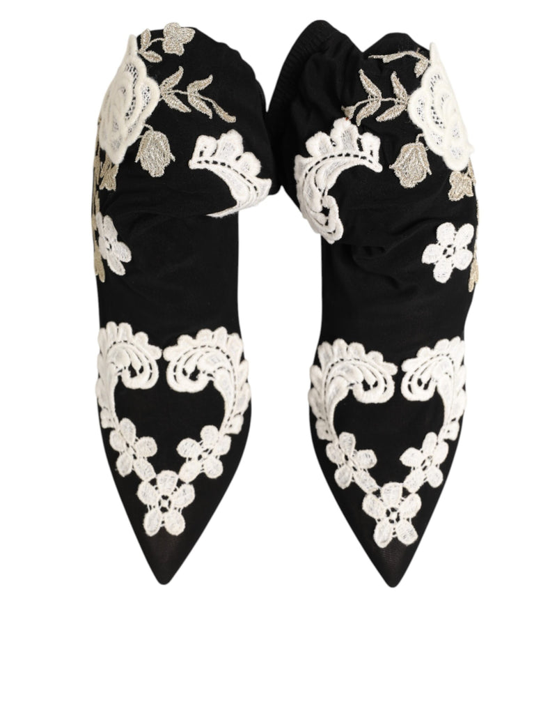 Dolce & Gabbana Black White Embroidered Jersey Stiletto Boots
