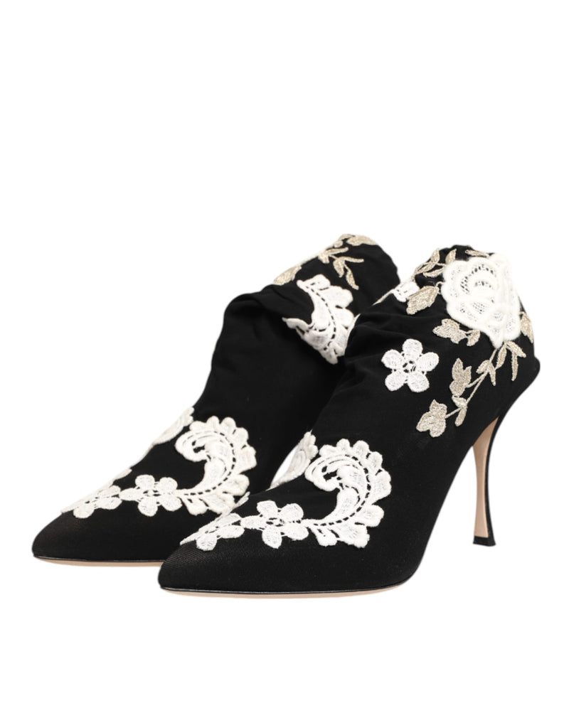Dolce & Gabbana Black White Embroidered Jersey Stiletto Boots