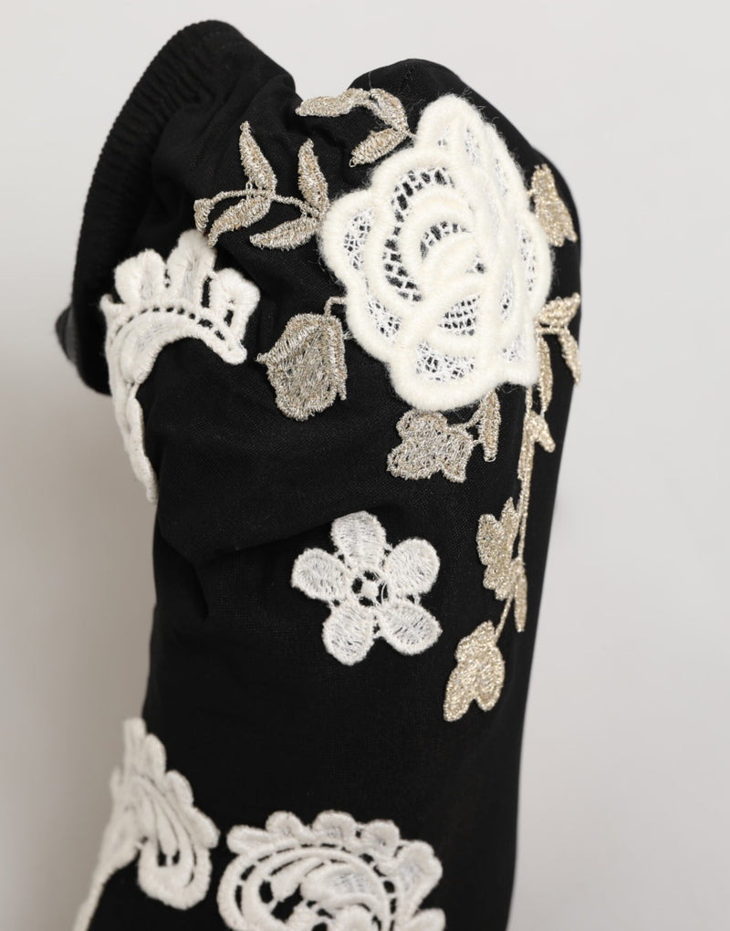 Dolce & Gabbana Black White Embroidered Jersey Stiletto Boots