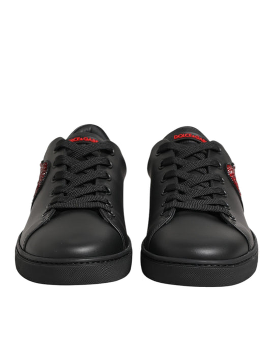 Dolce & Gabbana Black Leather Crystal Heart Low Top Sneakers