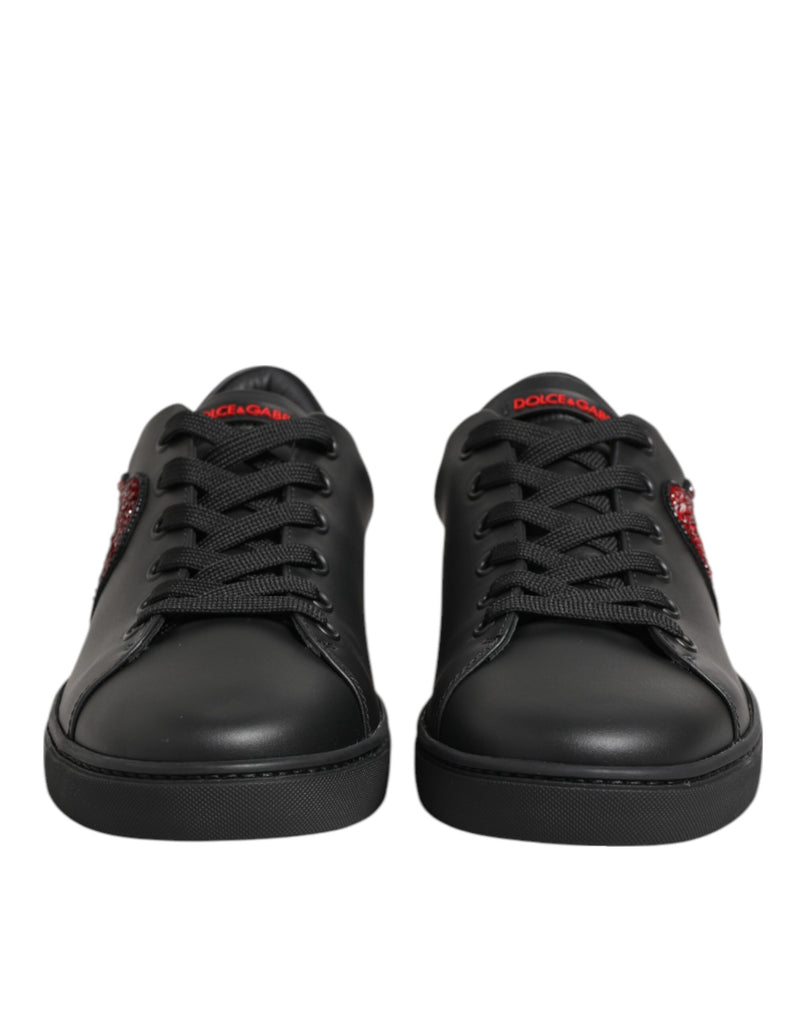 Dolce & Gabbana Black Leather Crystal Heart Low Top Sneakers