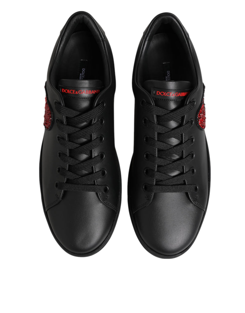Dolce & Gabbana Black Leather Crystal Heart Low Top Sneakers