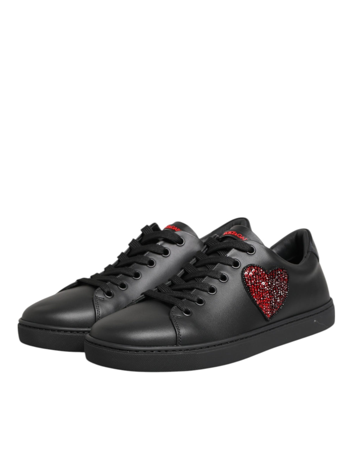 Dolce & Gabbana Black Leather Crystal Heart Low Top Sneakers