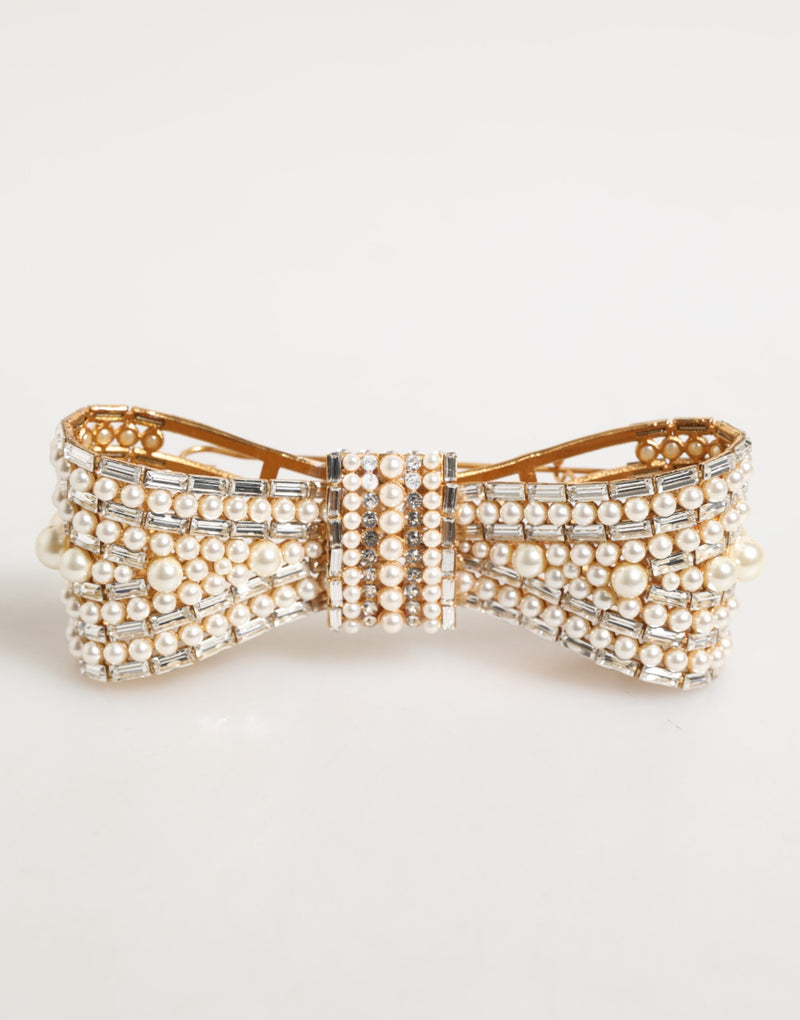 Dolce & Gabbana Gold Brass Glass Crystal Faux Pearl Bow Brooch