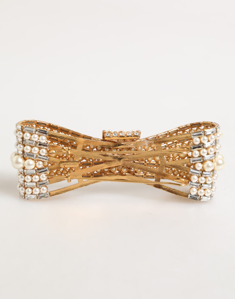 Dolce & Gabbana Gold Brass Glass Crystal Faux Pearl Bow Brooch