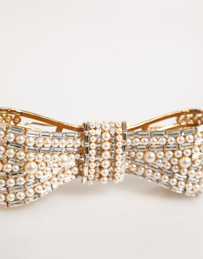 Dolce & Gabbana Gold Brass Glass Crystal Faux Pearl Bow Brooch