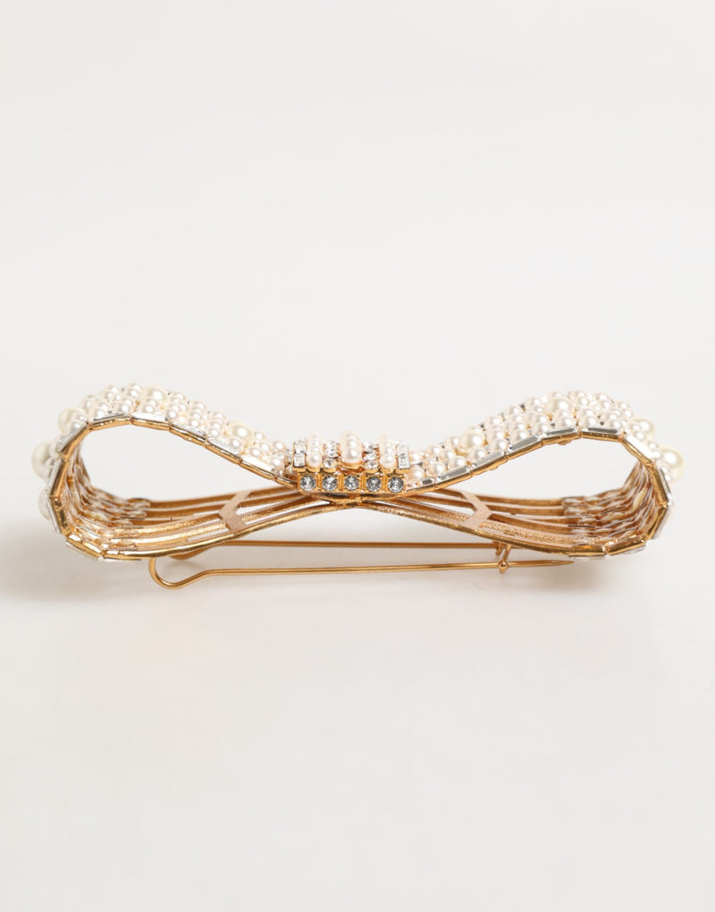 Dolce & Gabbana Gold Brass Glass Crystal Faux Pearl Bow Brooch