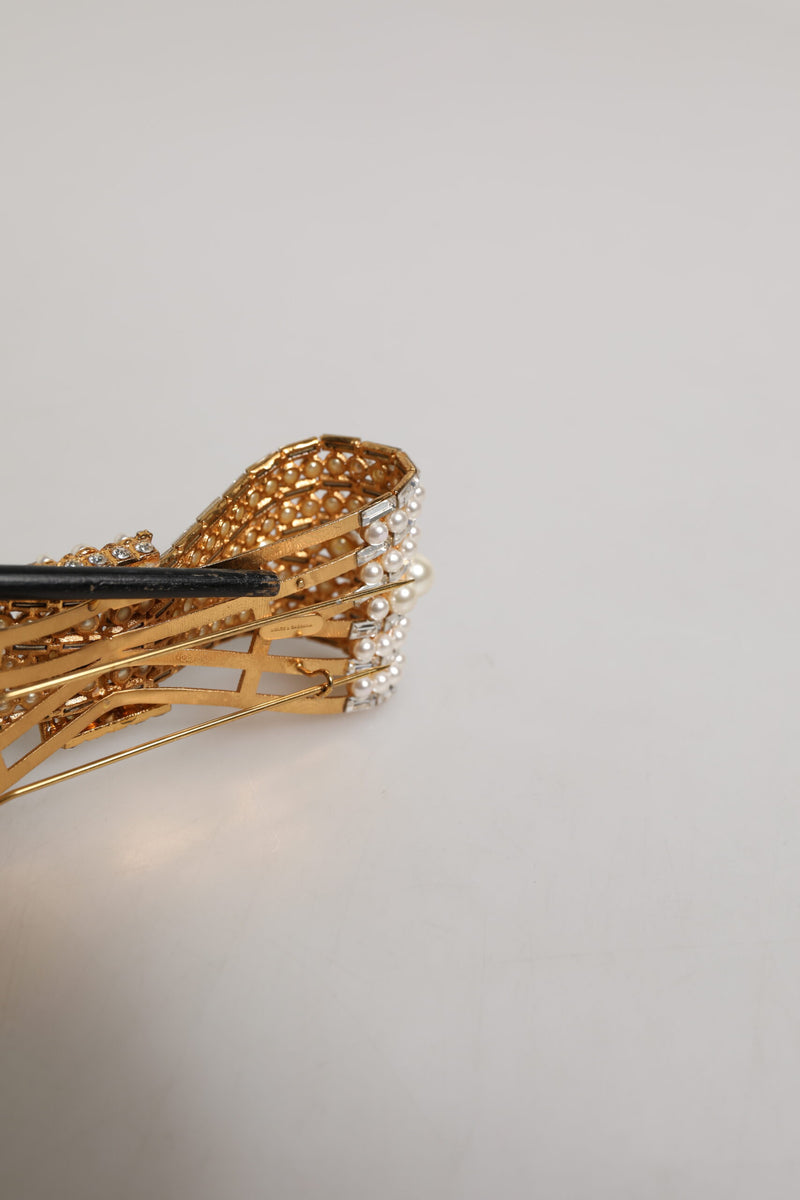 Dolce & Gabbana Gold Brass Glass Crystal Faux Pearl Bow Brooch