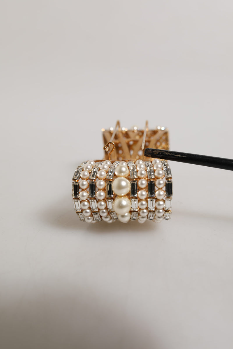 Dolce & Gabbana Gold Brass Glass Crystal Faux Pearl Bow Brooch