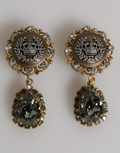 Boucles d'oreilles clips en forme de couronne et médaillon en laiton doré et cristaux noirs de Dolce &amp; Gabbana.
