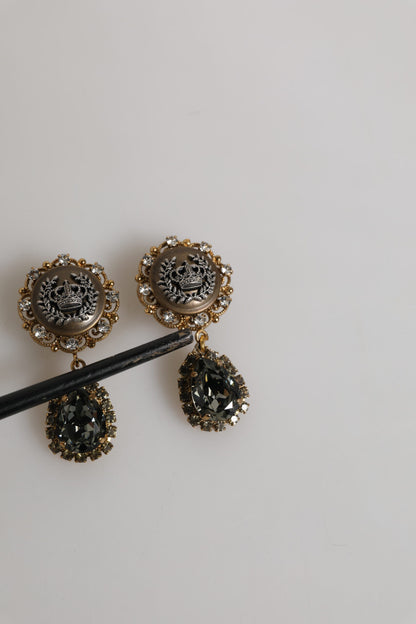Boucles d'oreilles clips en forme de couronne et médaillon en laiton doré et cristaux noirs de Dolce &amp; Gabbana.