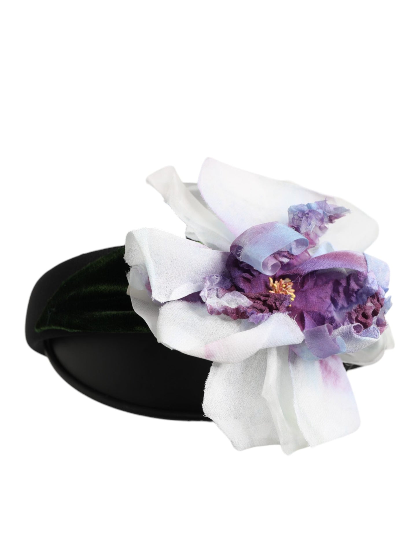 Serre-tête Dolce &amp; Gabbana en soie noire, verte, violette et blanche, avec appliqués floraux.