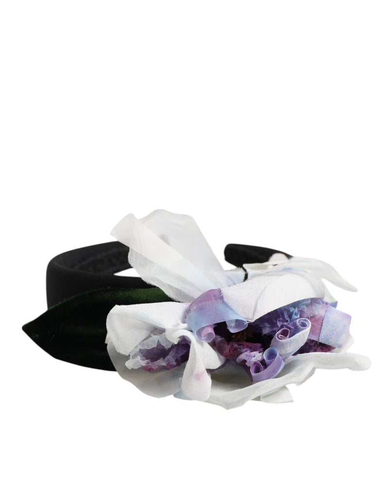 Dolce & Gabbana Headband with Floral Appliqué in Black and Green